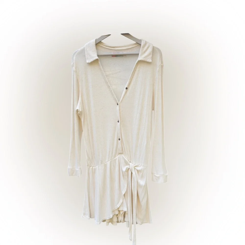 Free People Beach Lively Romper Ivory Rib Knit Lounge Boho Button Front Festival - Picture 3 of 7